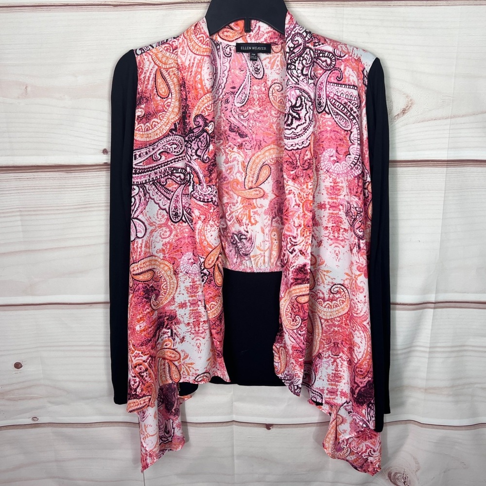 Ellen Weaver Cardigan Women PM Multicolor Paisley Open Front Waterfall Knit Wove